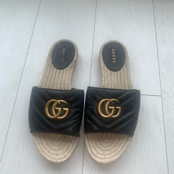 Gucci Shoes - Gucci Napa Charlotte Nero GG Leather Espadrille Slide Sandal SZ EU36.5 6.5US